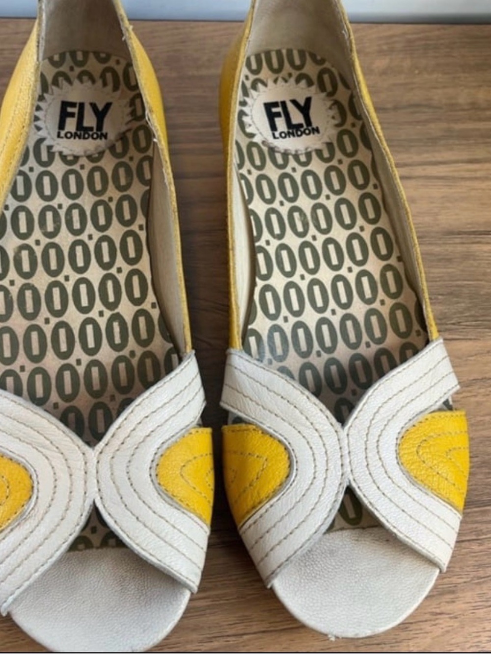Fly London Yellow and White Peep-Toe Flats with Decorative Stitching